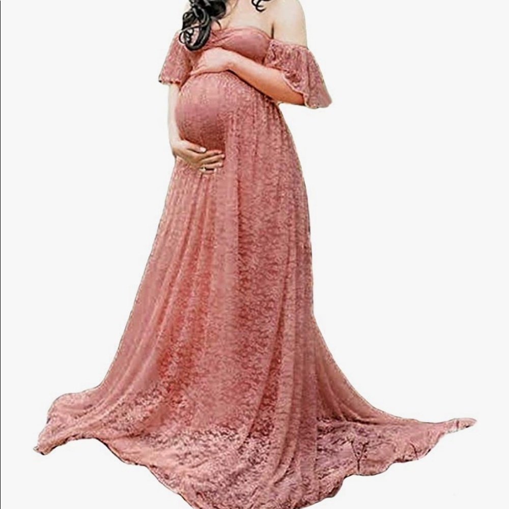 Mauve pink lace maternity photo dress with off the shoulder sleeves